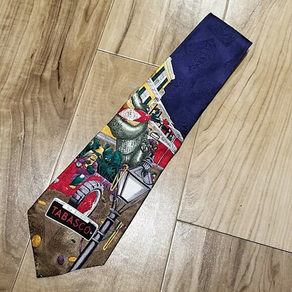 NWT Vintage 90s TABASCO 100% Silk Neck Tie Mardi Gras Alligator New Orleans - Picture 2 of 7